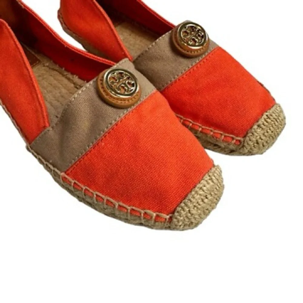 Tory Burch Beacher Orange Tan Gold Espadrilles Size 5.5